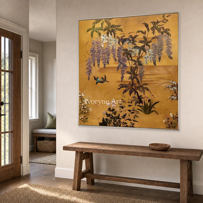 Wisteria Reverie: Gold Wisteria and Birds Square Wall Art — entry silver