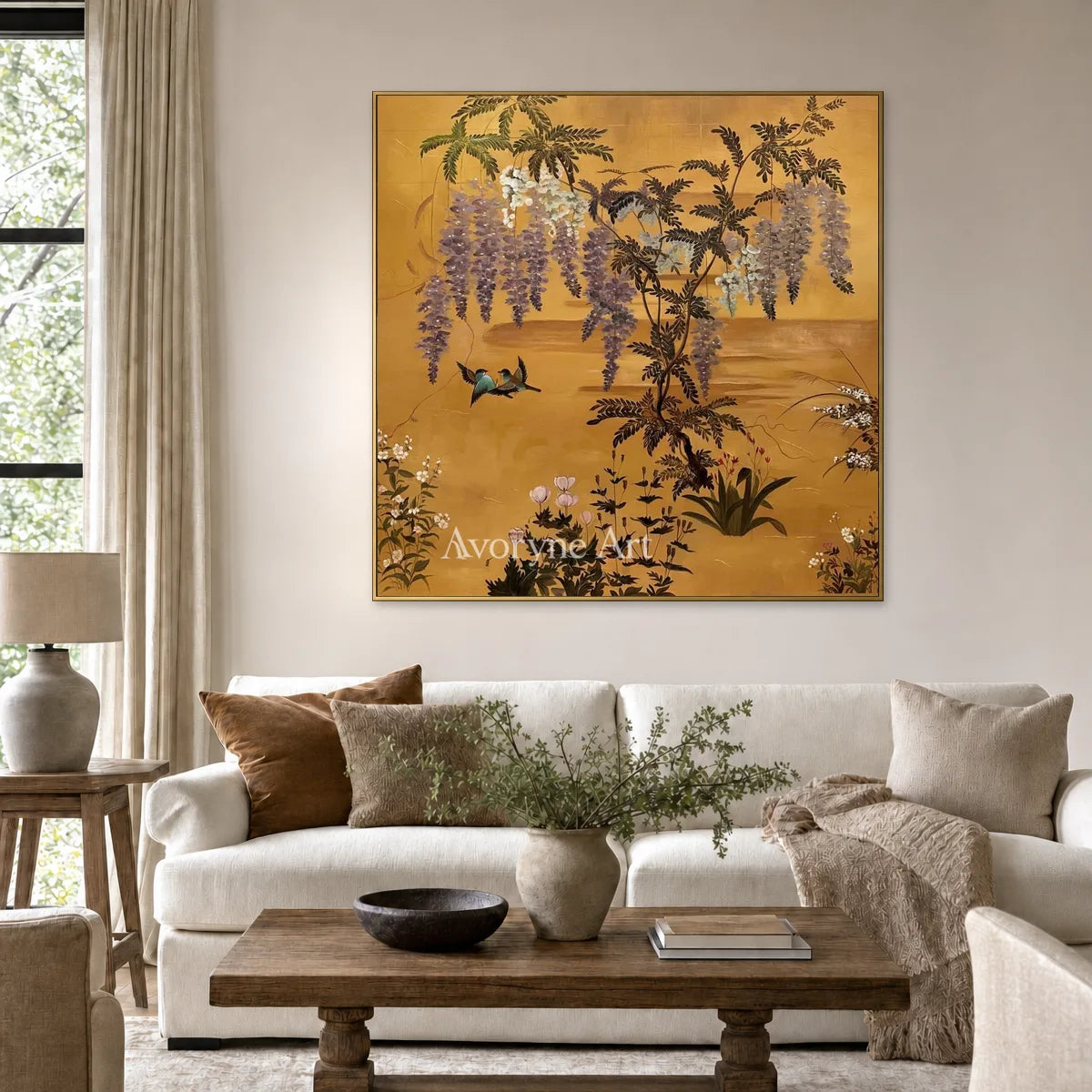 Wisteria Reverie: Gold Wisteria and Birds Square Wall Art — living gold