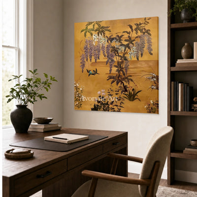 Wisteria Reverie: Gold Wisteria and Birds Square Wall Art — office frameless