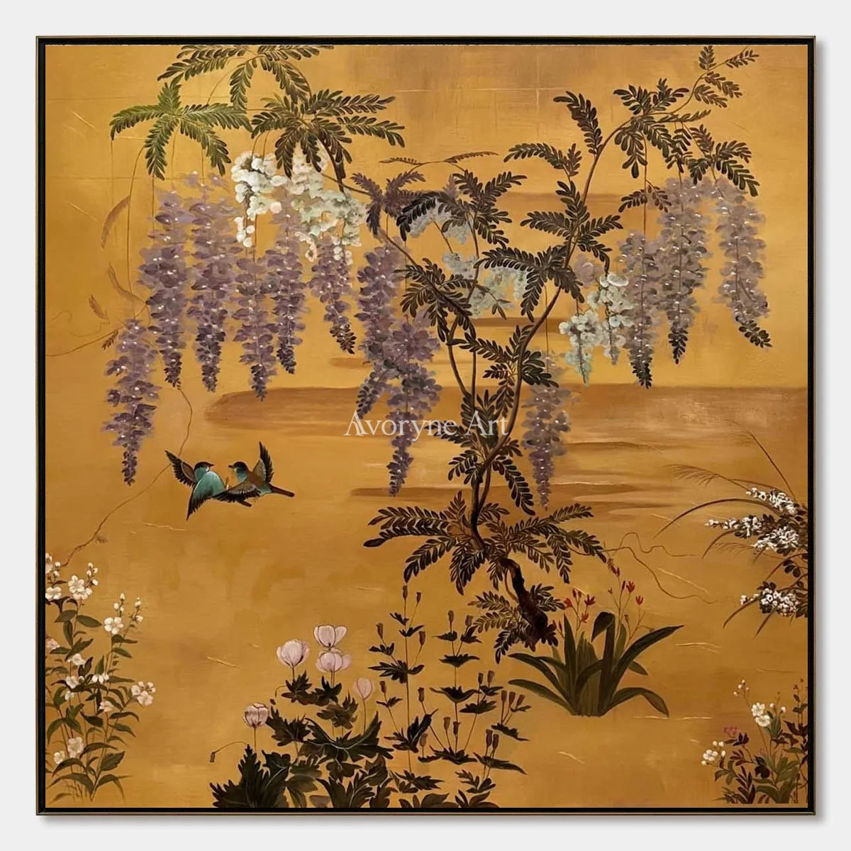 Wisteria Reverie: Gold Wisteria and Birds Square Wall Art — primary
