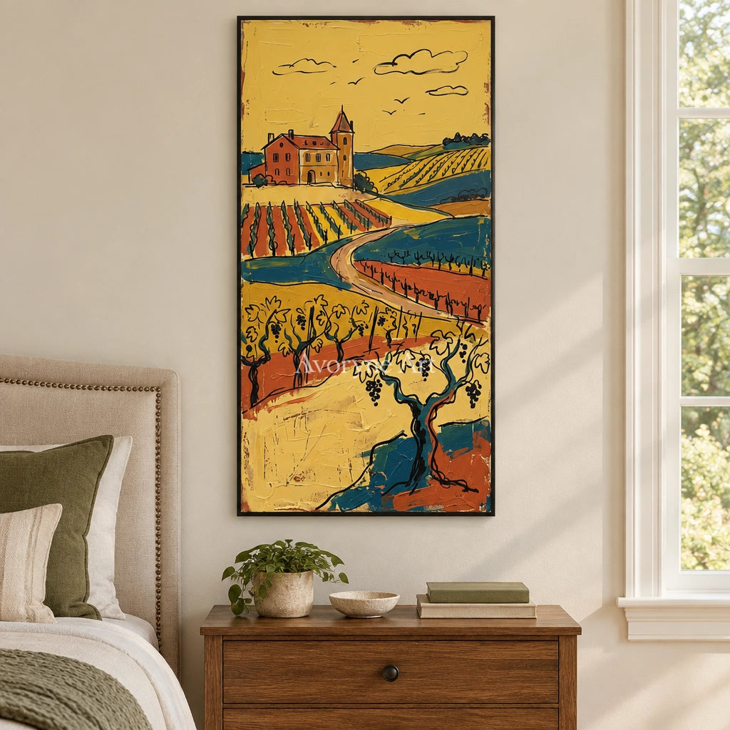 Verdant Horizon golden field wall art with a black frame above a bed in a bedroom