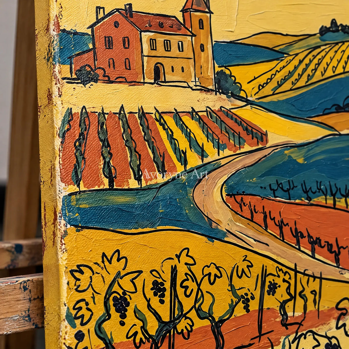Close-up of the hand-painted texture of Verdant Horizon golden field wall art on an easel