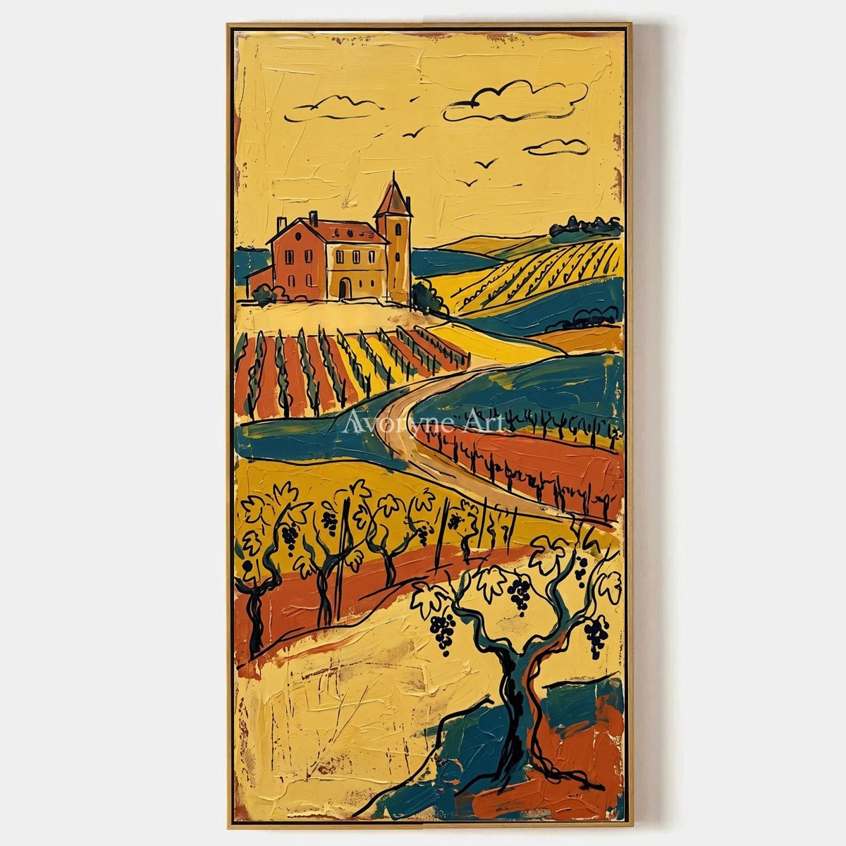 Verdant Horizon, hand-painted golden field wall art by Diego Morales