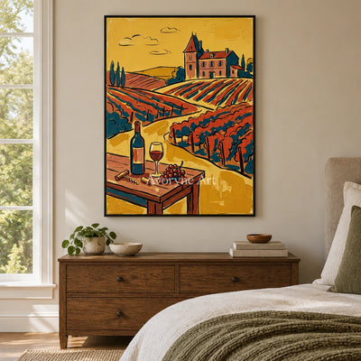 Verdant Gesture golden field wall art with a black frame above a bed in a bedroom