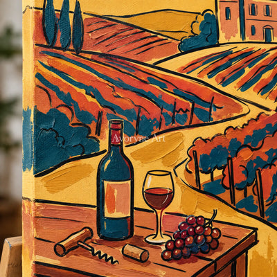 Close-up of the hand-painted texture of Verdant Gesture golden field wall art on an easel