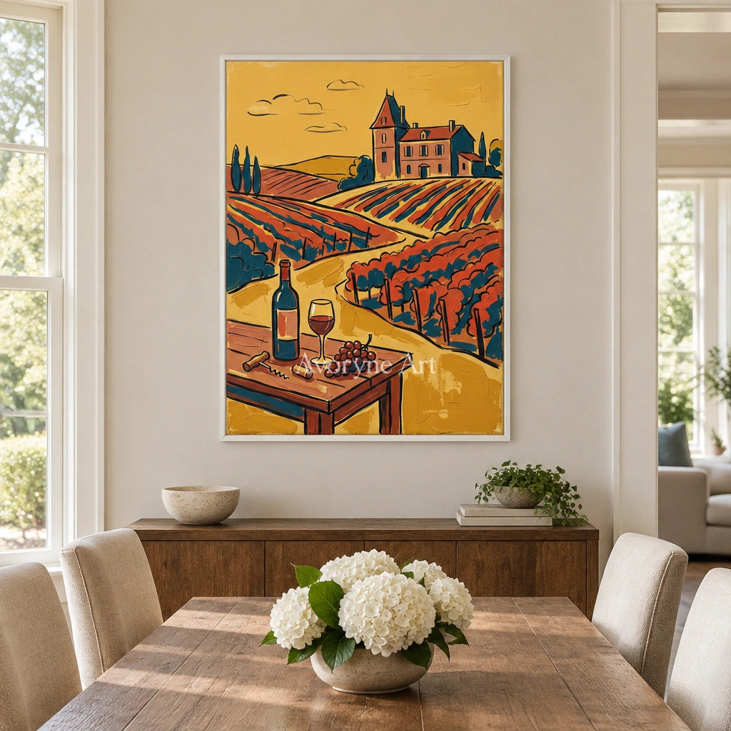 Verdant Gesture golden field wall art with a white frame in a dining room