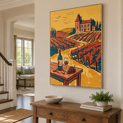 Verdant Gesture golden field wall art with a silver frame in an entryway