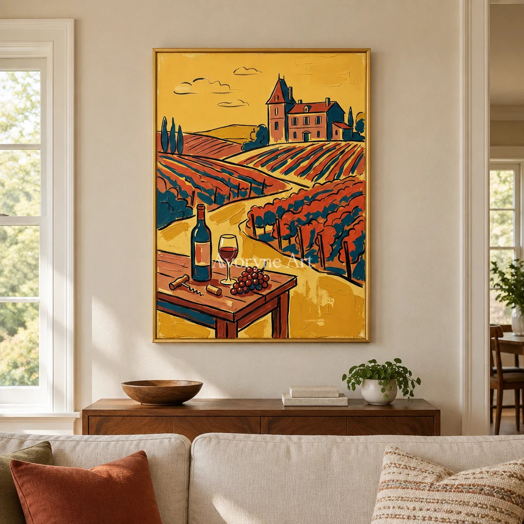 Verdant Gesture golden field wall art with a gold frame hanging in a living room