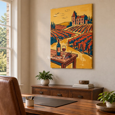 Verdant Gesture golden field wall art as a frameless stretched canvas in a home office