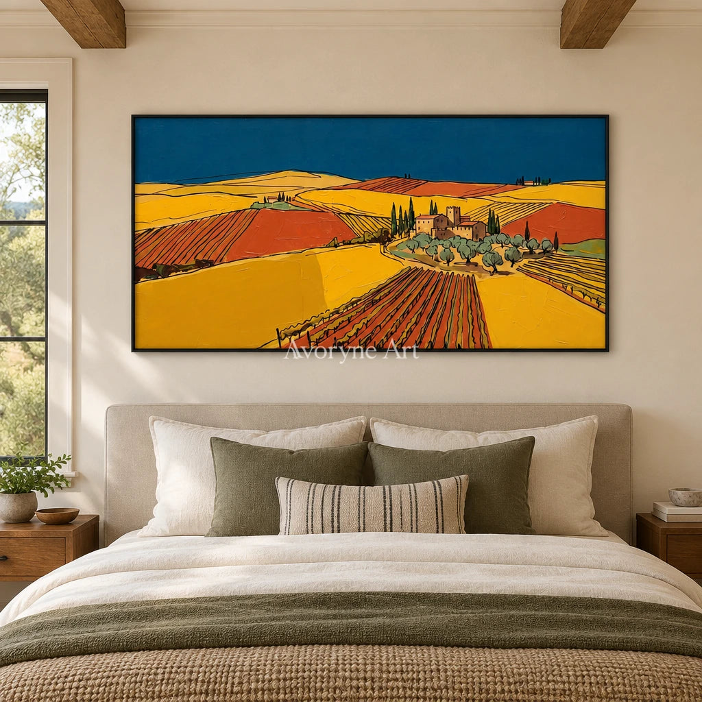 Verdant Mosaic golden field wall art with a black frame above a bed in a bedroom