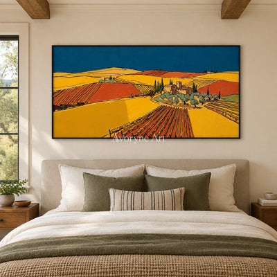 Verdant Mosaic golden field wall art with a black frame above a bed in a bedroom