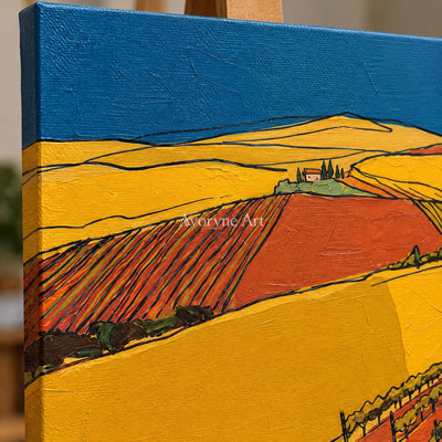 Close-up of the hand-painted texture of Verdant Mosaic golden field wall art on an easel