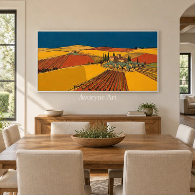 Verdant Mosaic golden field wall art with a white frame in a dining room