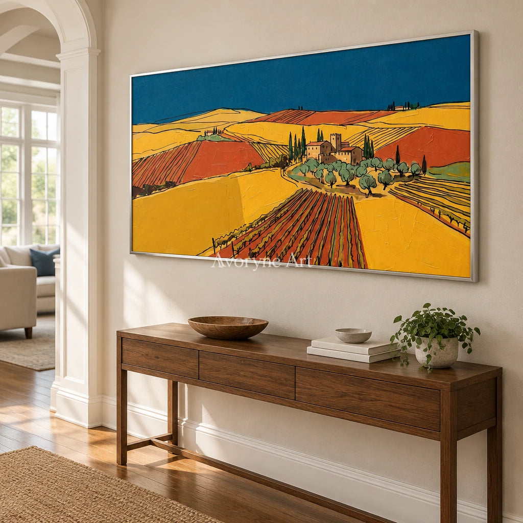 Verdant Mosaic golden field wall art with a silver frame in an entryway