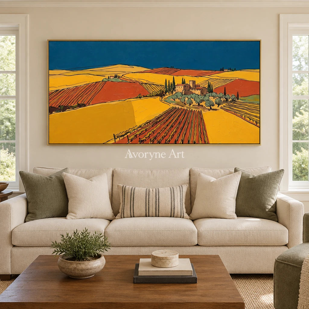 Verdant Mosaic golden field wall art with a gold frame hanging in a living room