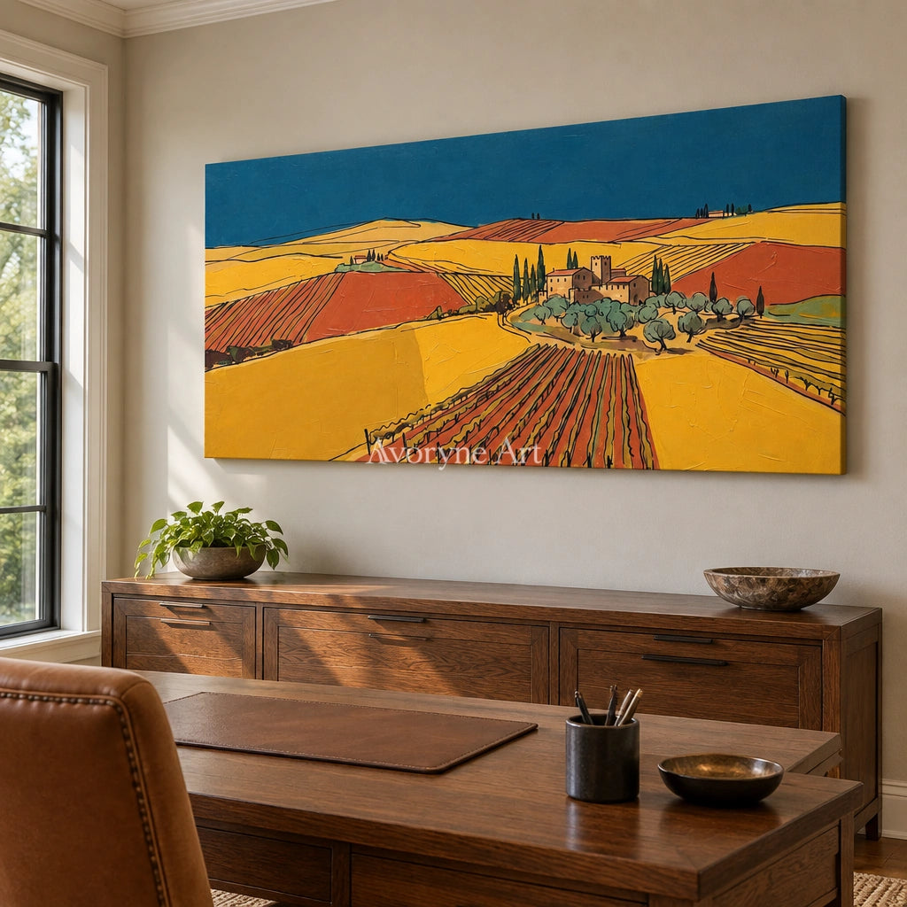 Verdant Mosaic golden field wall art as a frameless stretched canvas in a home office