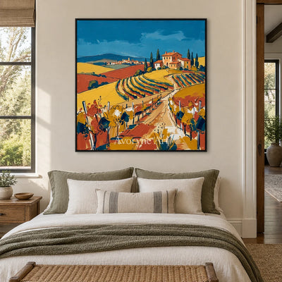 Verdant Drift golden field wall art with a black frame above a bed in a bedroom