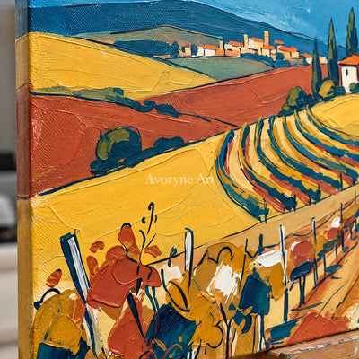 Close-up of the hand-painted texture of Verdant Drift golden field wall art on an easel