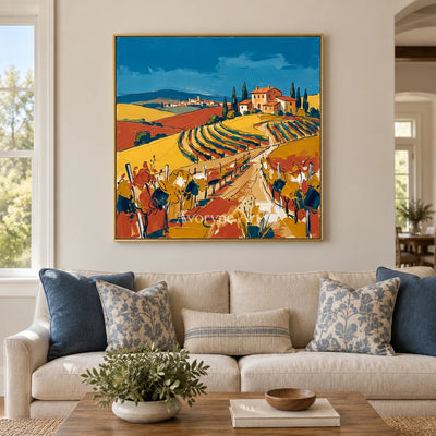 Verdant Drift golden field wall art with a gold frame hanging in a living room