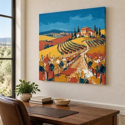 Verdant Drift golden field wall art as a frameless stretched canvas in a home office
