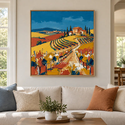 Verdant Drift golden field wall art with a wood frame in a villa living space