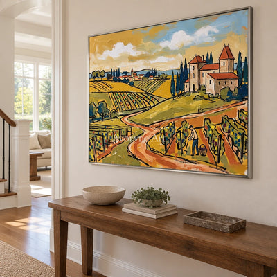 Verdant Verse golden field wall art with a silver frame in an entryway