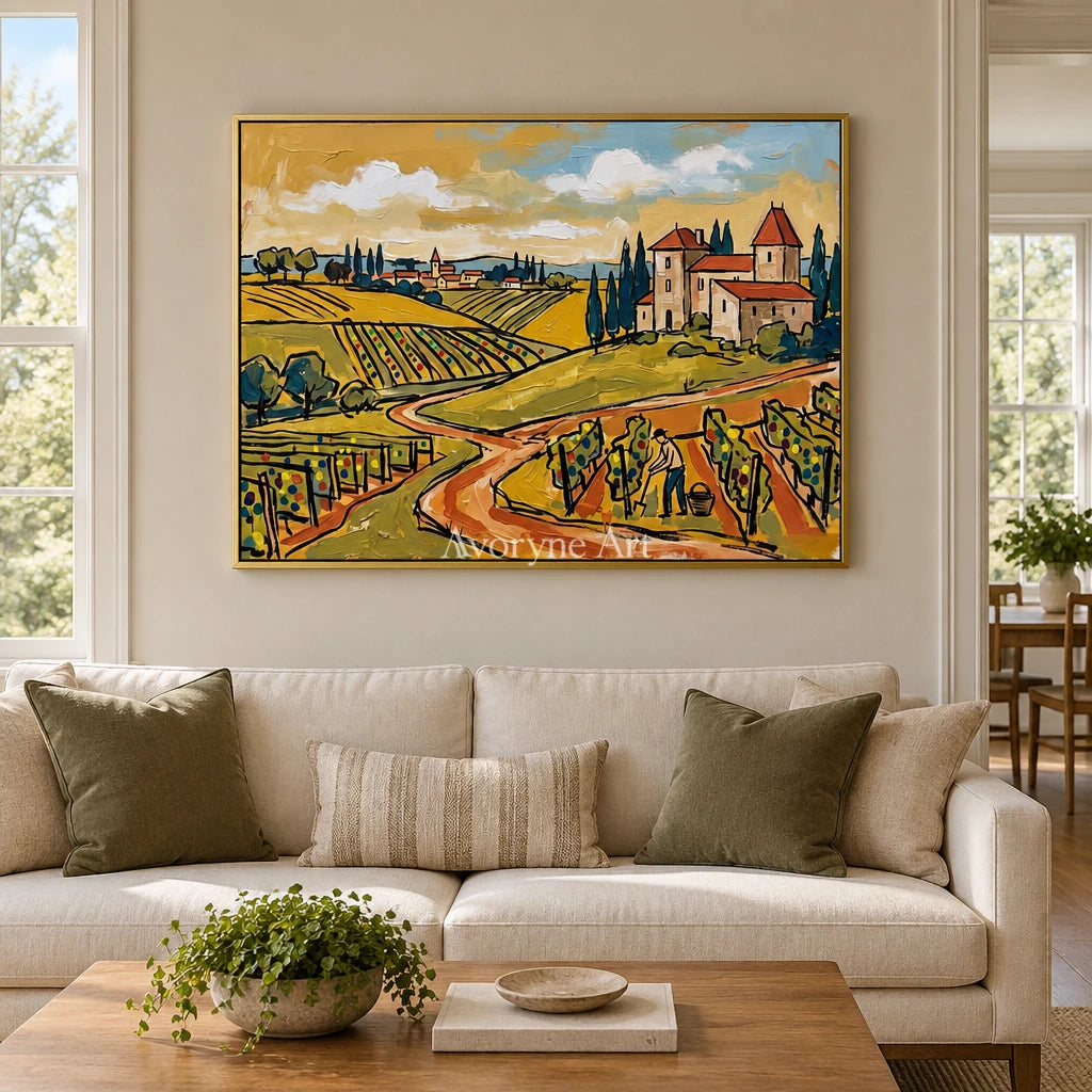 Verdant Verse golden field wall art with a gold frame hanging in a living room