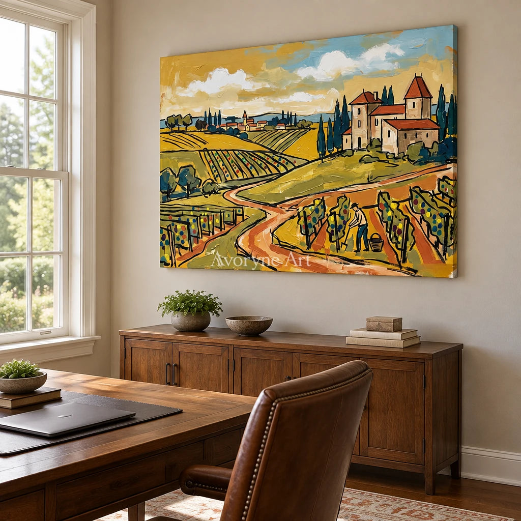 Verdant Verse golden field wall art as a frameless stretched canvas in a home office