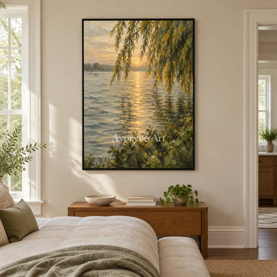 Willow Gleam: Golden Lakeside Sunset Wall Art — bedroom black