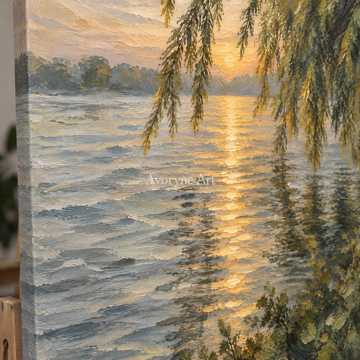 Willow Gleam: Golden Lakeside Sunset Wall Art — detail easel