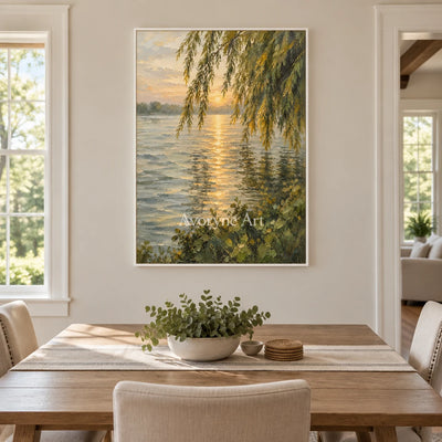 Willow Gleam: Golden Lakeside Sunset Wall Art — dining white