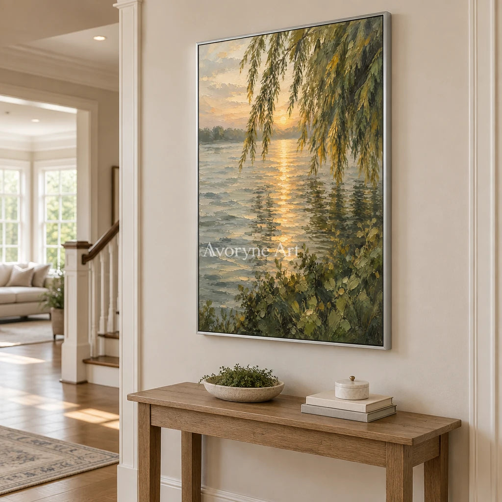 Willow Gleam: Golden Lakeside Sunset Wall Art — entry silver