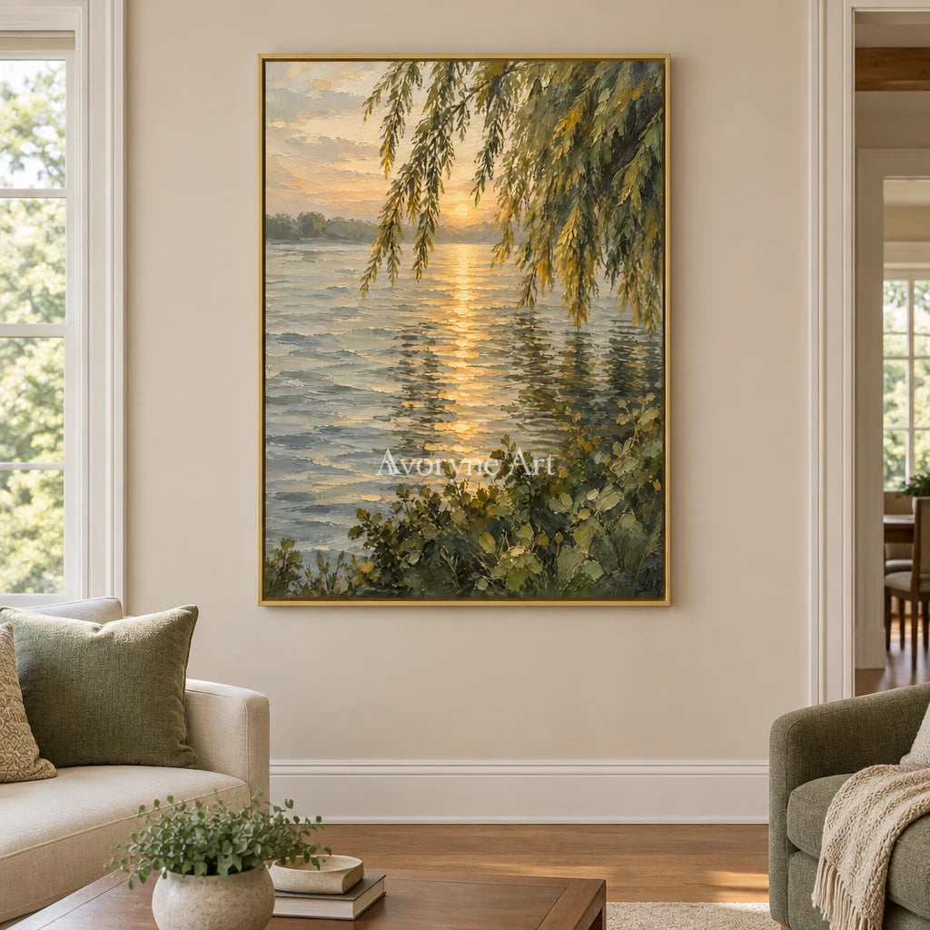 Willow Gleam: Golden Lakeside Sunset Wall Art — living gold