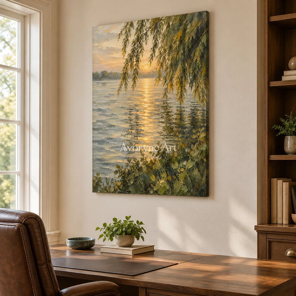 Willow Gleam: Golden Lakeside Sunset Wall Art — office frameless