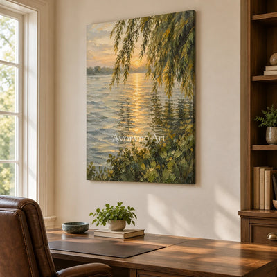 Willow Gleam: Golden Lakeside Sunset Wall Art — office frameless