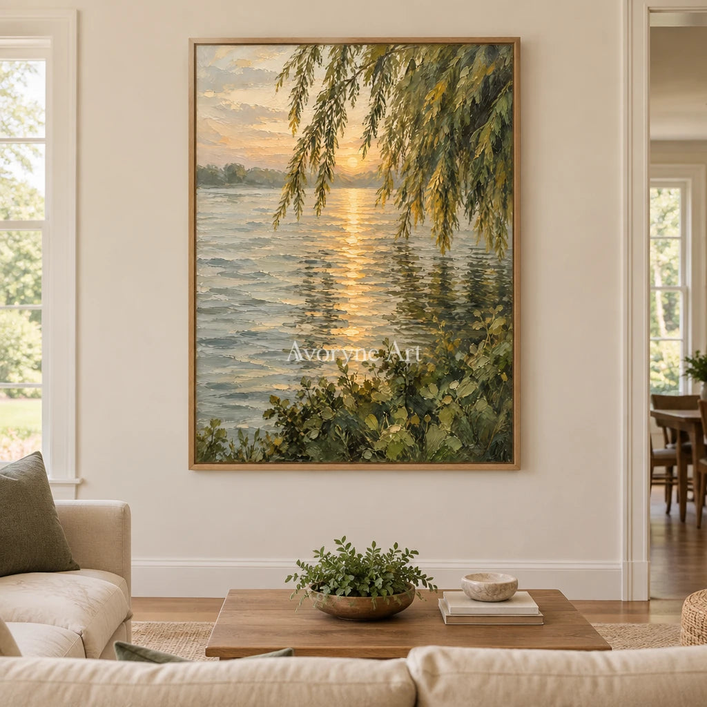 Willow Gleam: Golden Lakeside Sunset Wall Art — villa wood