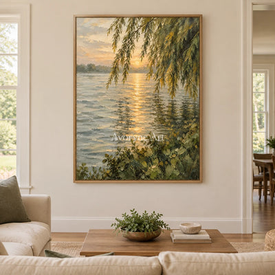 Willow Gleam: Golden Lakeside Sunset Wall Art — villa wood