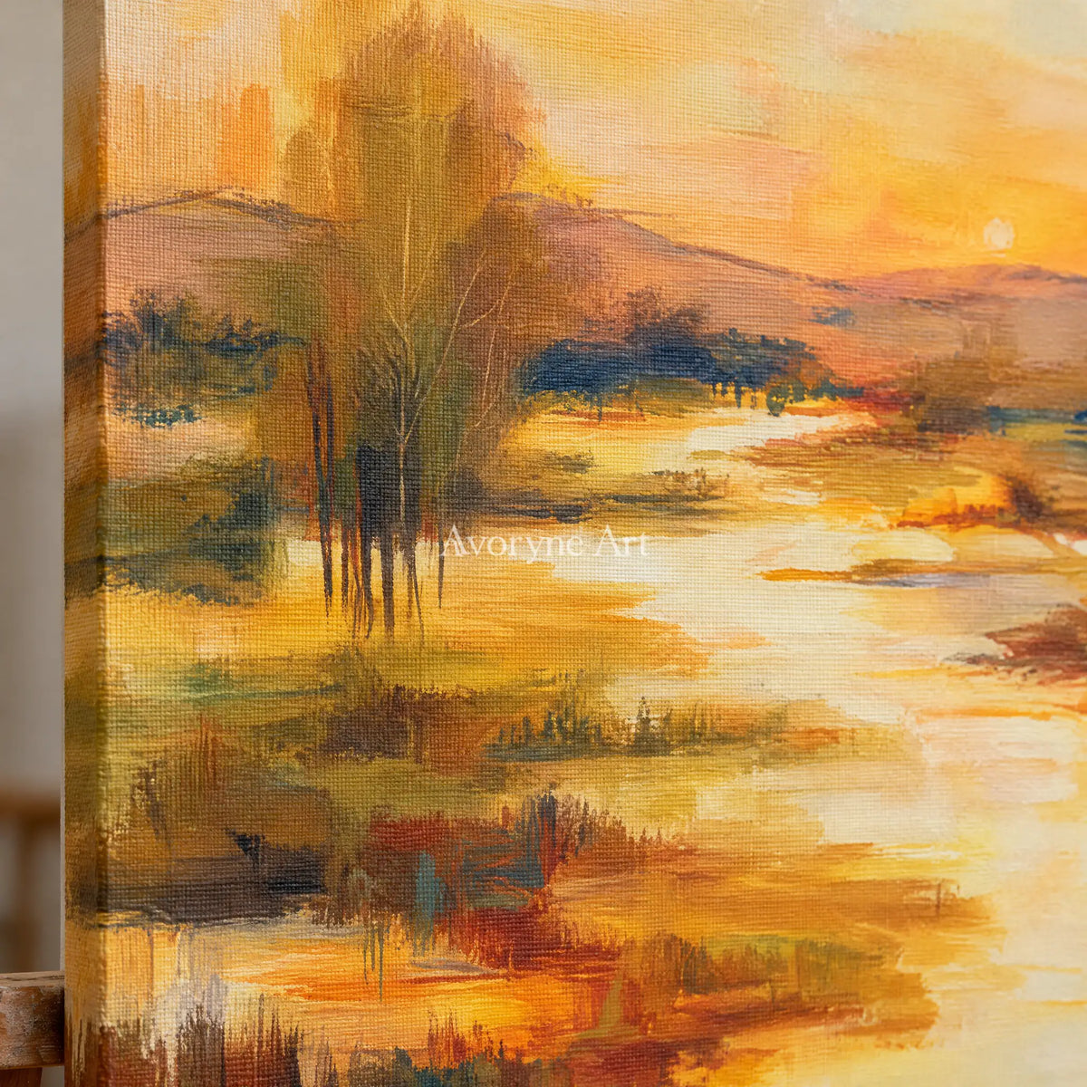Ivory Distant Current: Golden River Landscape — detail easel