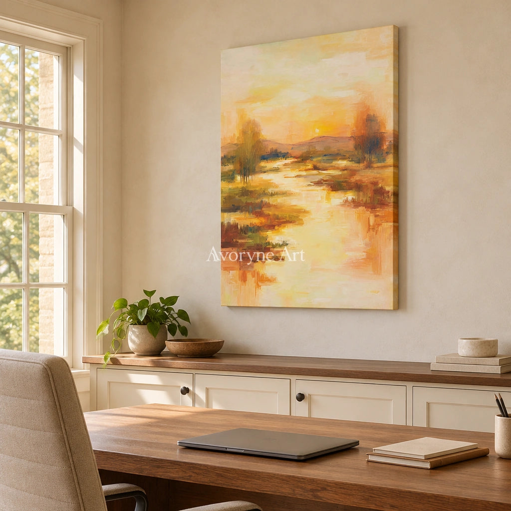 Ivory Distant Current: Golden River Landscape — office frameless