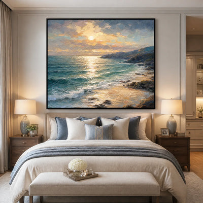 Golden Tide: Coastal Seascape Wall Art - bedroom black frame