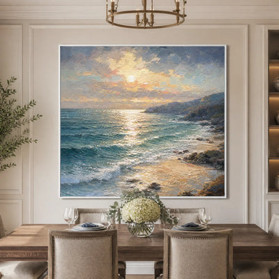 Golden Tide: Coastal Seascape Wall Art - dining room white frame