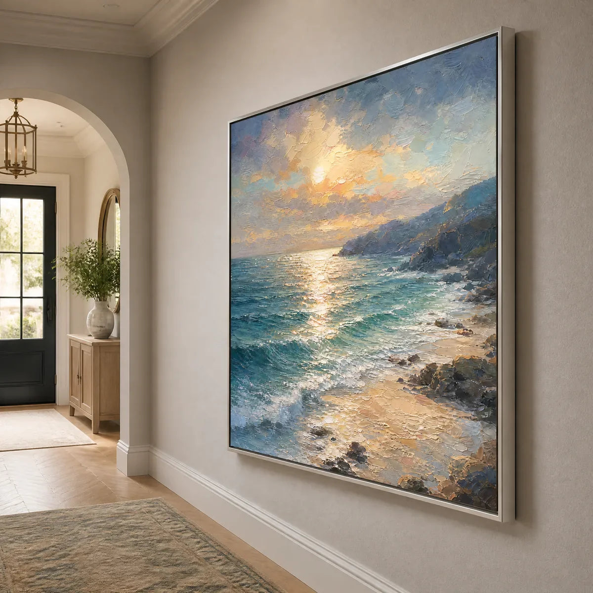 Golden Tide: Coastal Seascape Wall Art - hallway silver frame
