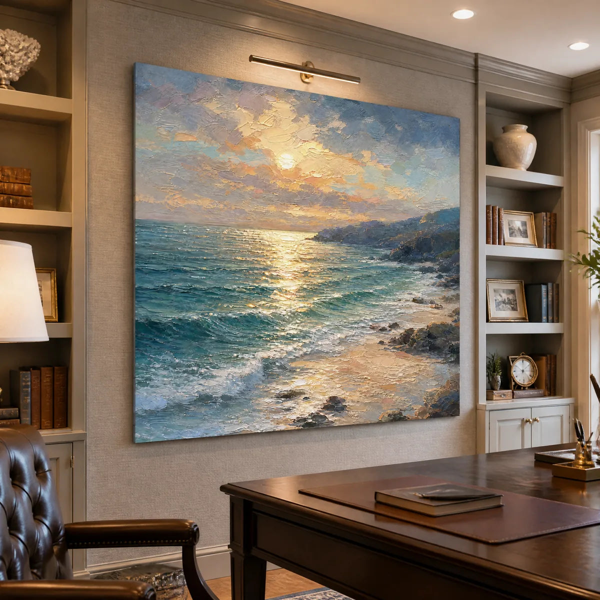Golden Tide: Coastal Seascape Wall Art - office stretched canvas