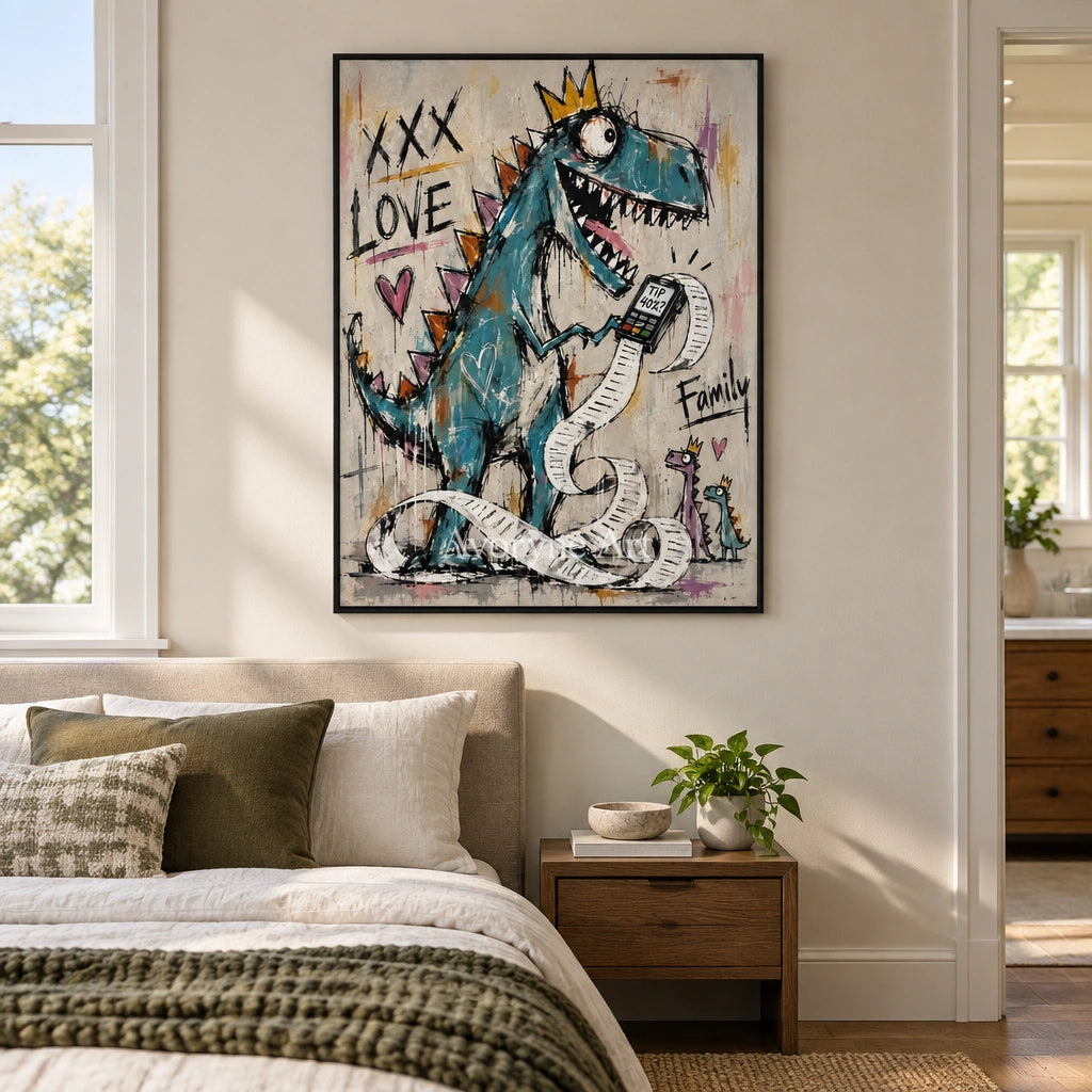 Soft Prelude graffiti figure wall art with a black frame above a bed in a bedroom