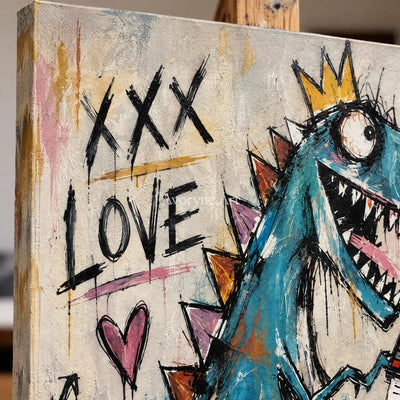 Close-up of the hand-painted texture of Soft Prelude graffiti figure wall art on an easel