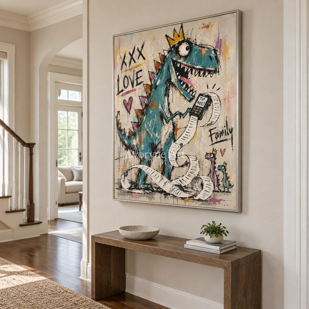 Soft Prelude graffiti figure wall art with a silver frame in an entryway