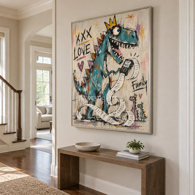 Soft Prelude graffiti figure wall art with a silver frame in an entryway