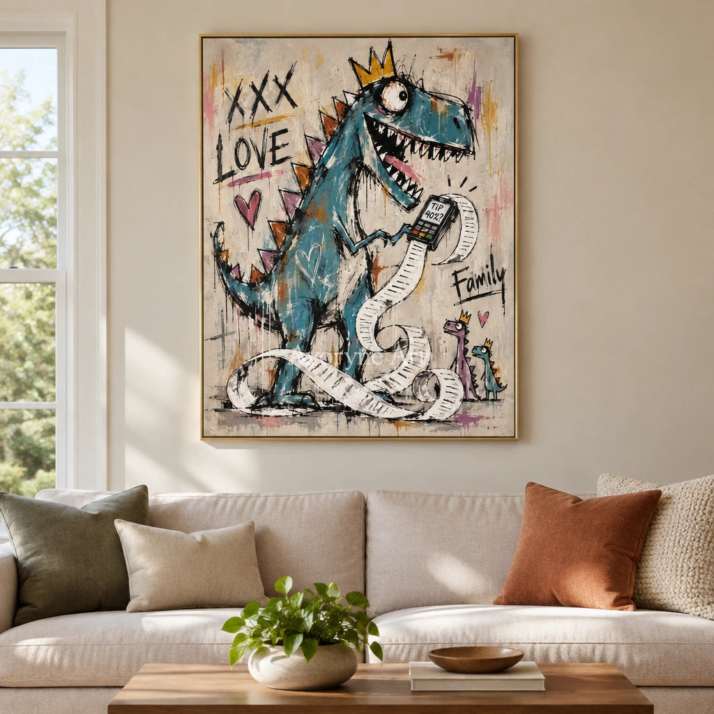 Soft Prelude graffiti figure wall art with a gold frame hanging in a living room