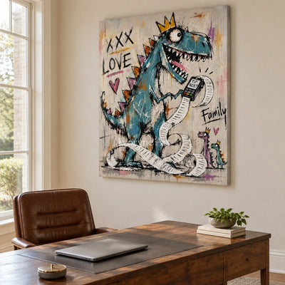 Soft Prelude graffiti figure wall art as a frameless stretched canvas in a home office
