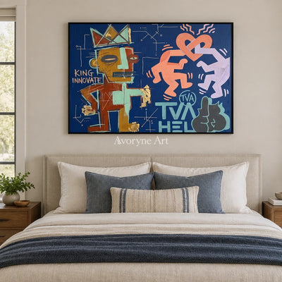 Soft Solace graffiti figure wall art with a black frame above a bed in a bedroom
